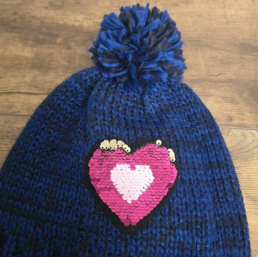 Kids' Blue Heart Pom-Pom Beanie One Size